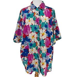 High Advantage Women's Multicolor Floral Silk Button-Up Shirt Top Size 24W/44